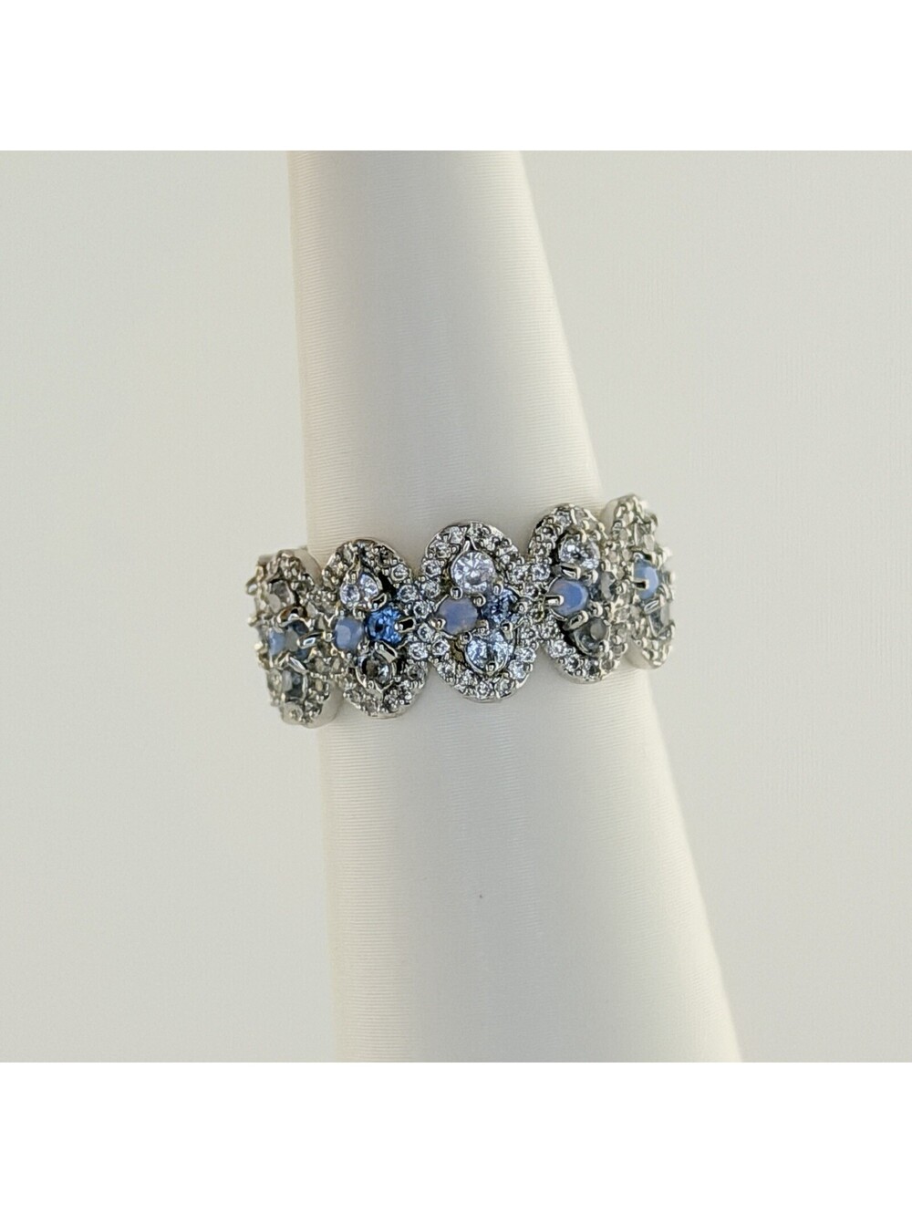 Bomb Party Reign Princess Ring Sz 7 "Shimmering Details" Blue Array on Rhodium